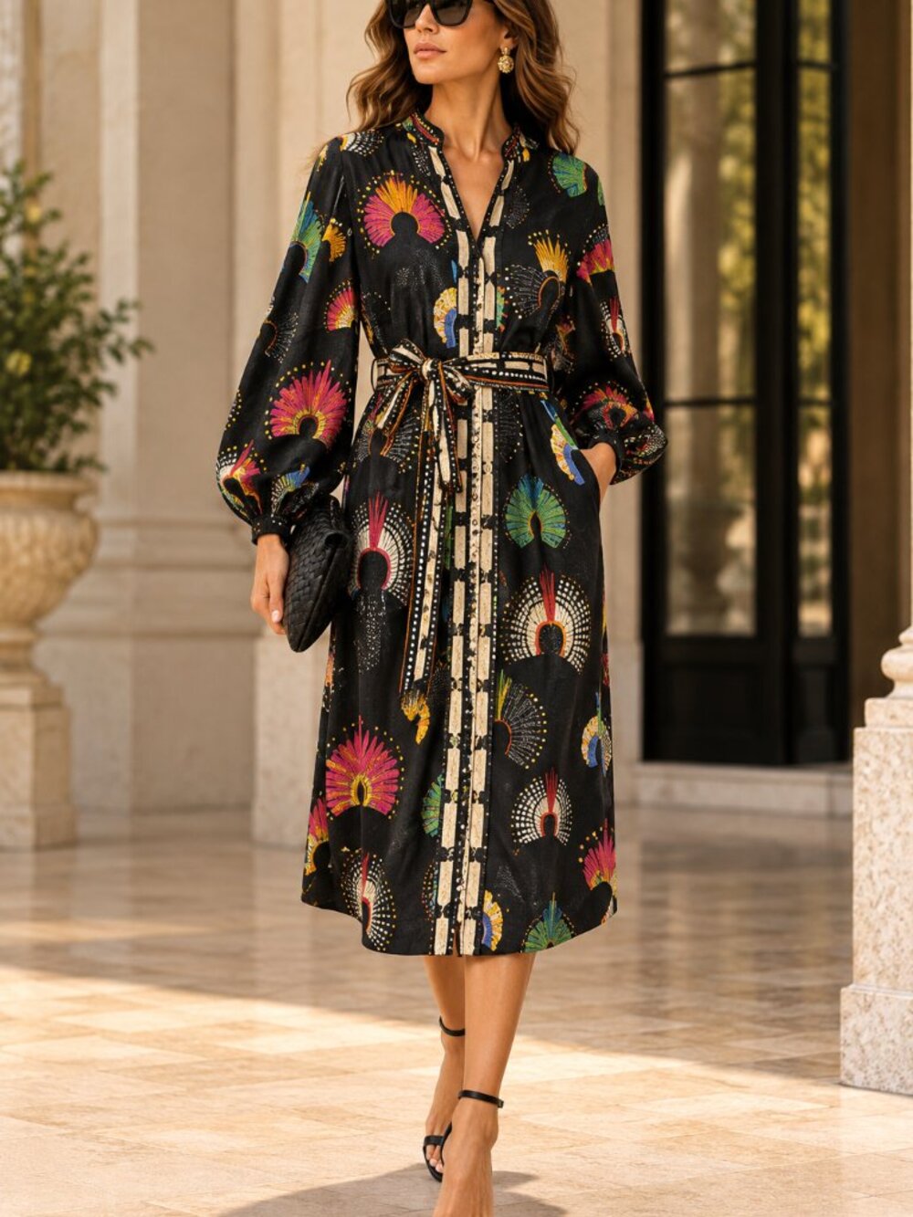 FARM Rio Wonderful Headdress Tie-Waist Linen Blend Midi Dress Black Size Medium